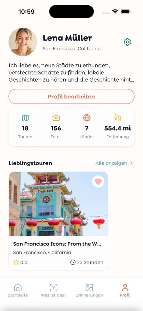 Walksy profile screen in German