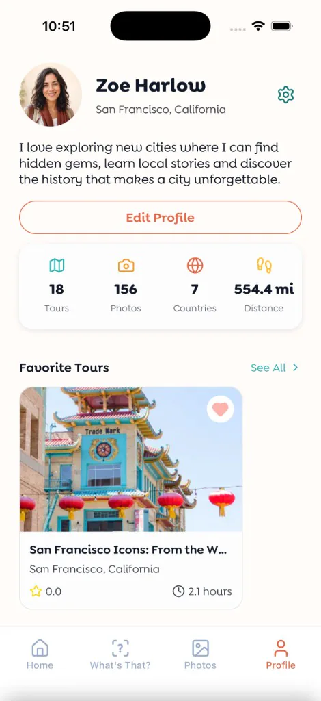 Walksy profile screen in English
