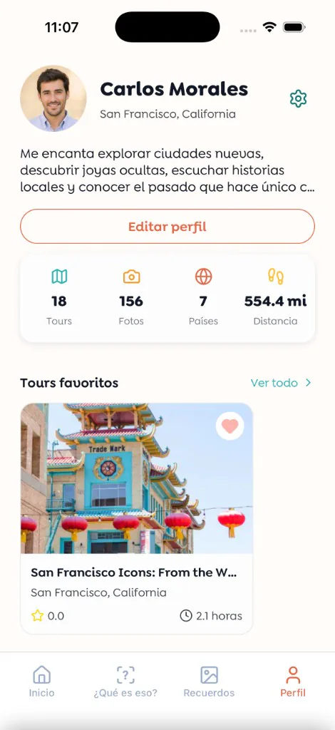 Walksy profile screen in Spanish