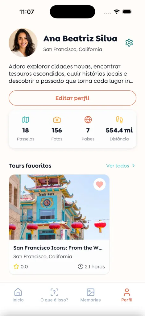Walksy profile screen in Portuguese (Brazil)